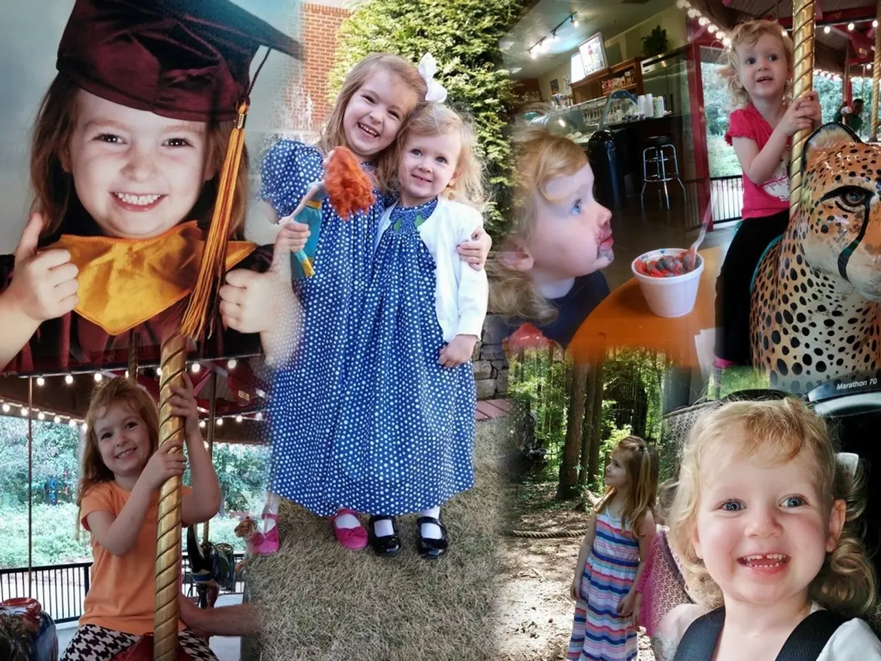 This is a collage image. In this we can see fun rides, children's, table, cup, food item, spoon and...