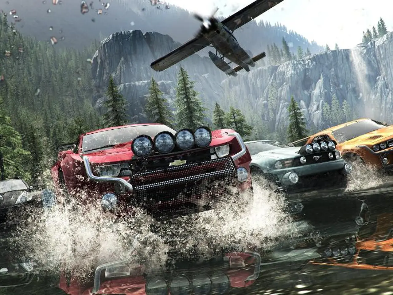 This is an animated picture. In the foreground of the picture there are cars and water. In the...