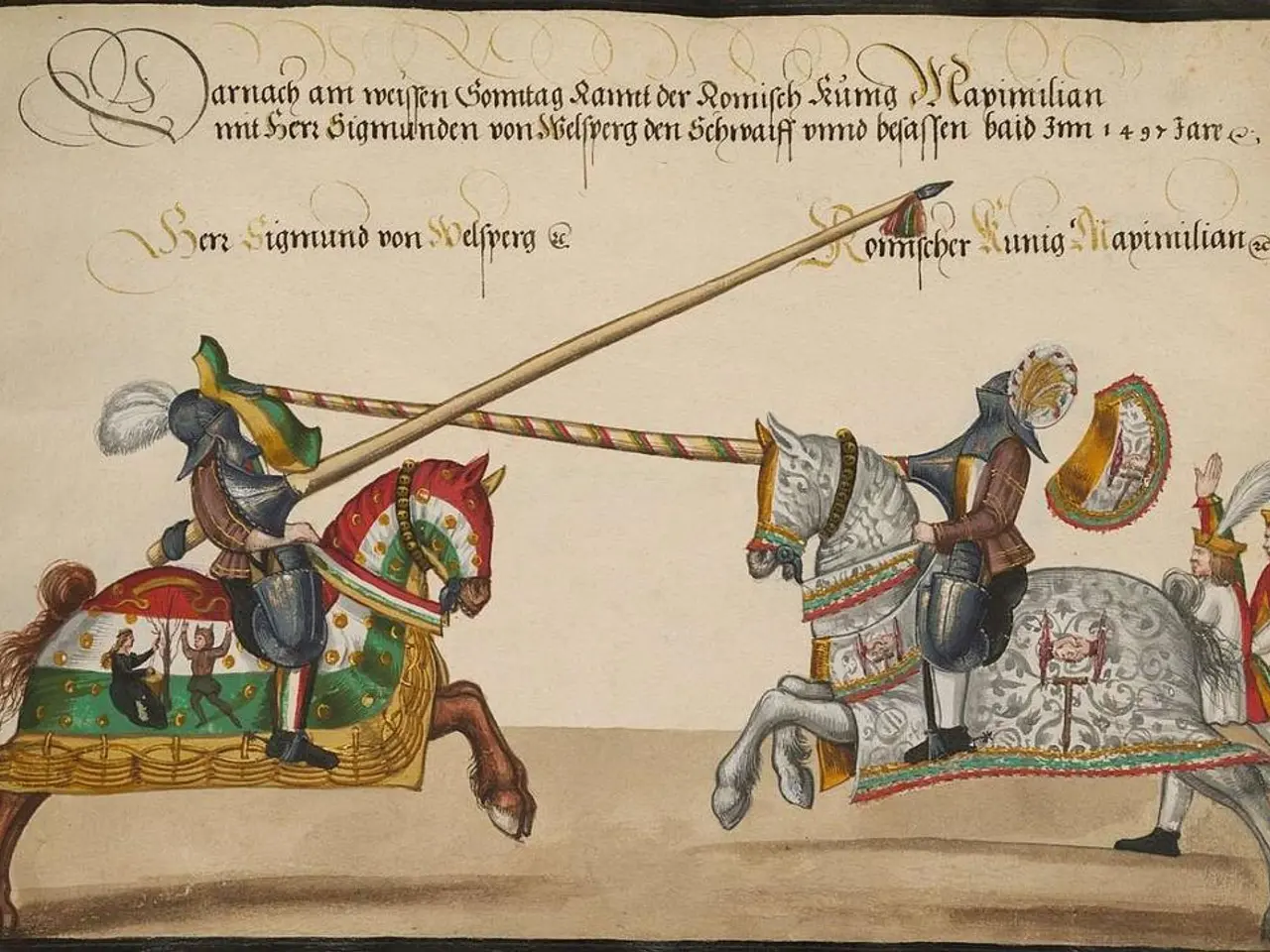 This is the painting image in which there are persons standing and riding horses and there are some...