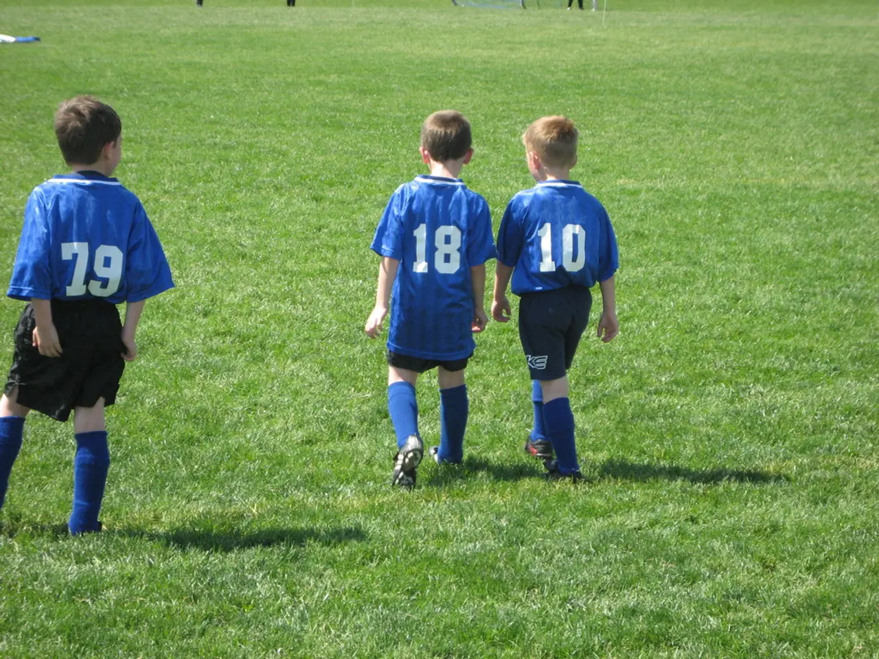 In this picture I can see three kids walking on the grass.