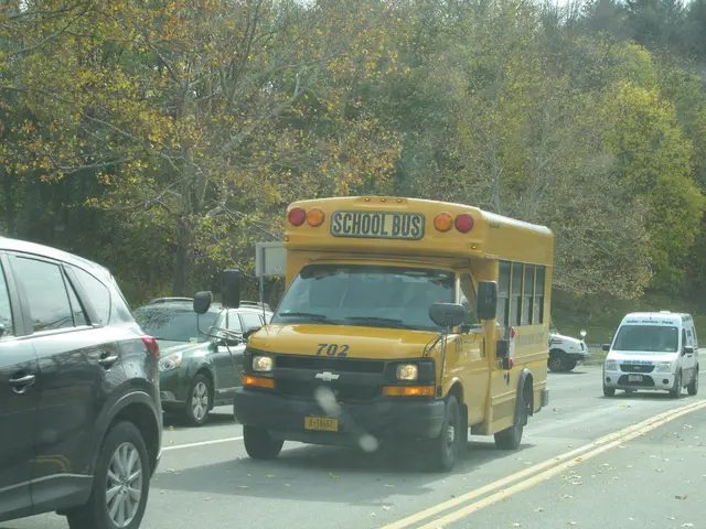 In this picture we can see a road where on road we can see school bus which is in yellow color and...