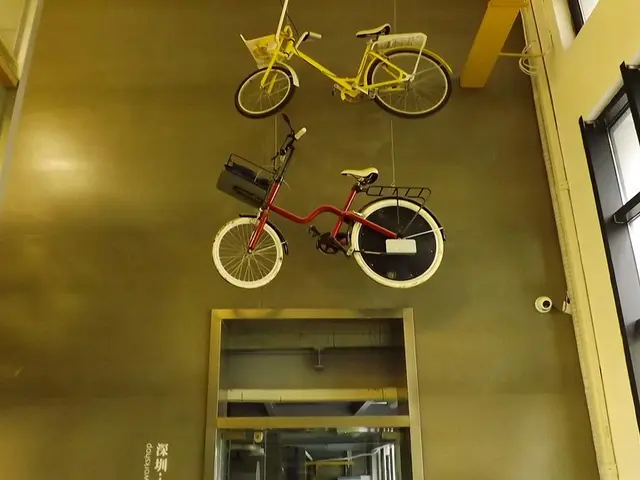 The picture is clicked inside a building. On the top two bicycles are hanged. In the right there is...