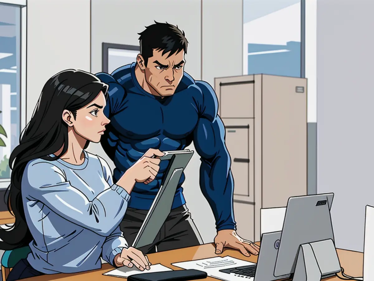 In a contemporary office setting, a group of individuals gather around a computer for a law project...